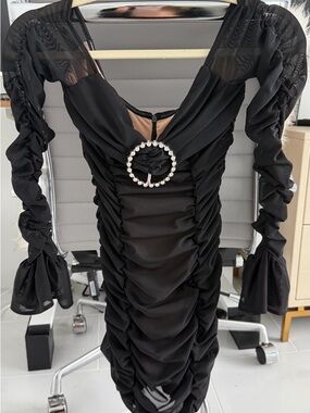 NBD Black Ruched Long Sleeve Dress with Rhinestone Buckle